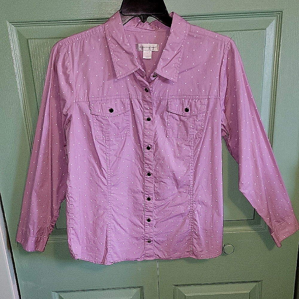 Christopher & Banks Button Down Shirt (Size L) Lavender/White Dots VGC